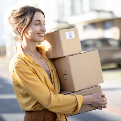 customer carrying a package happily