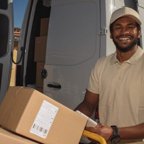 Mail man smiles with packages