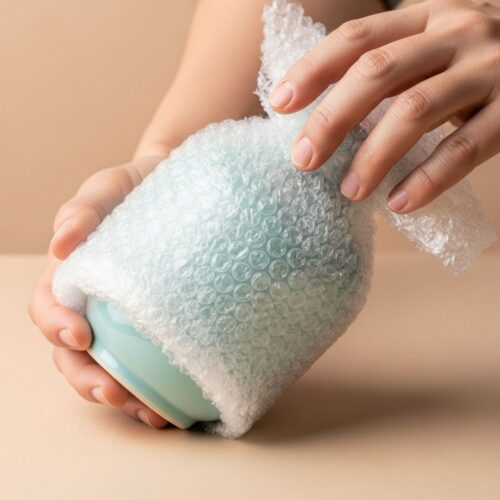 Wrapping items in bubble wrap.