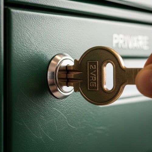 person uses a key to securely open their private mailbox