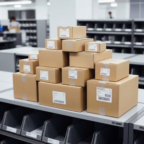 securely stored stack of packages sits safely on a shelf in a clean mailroom