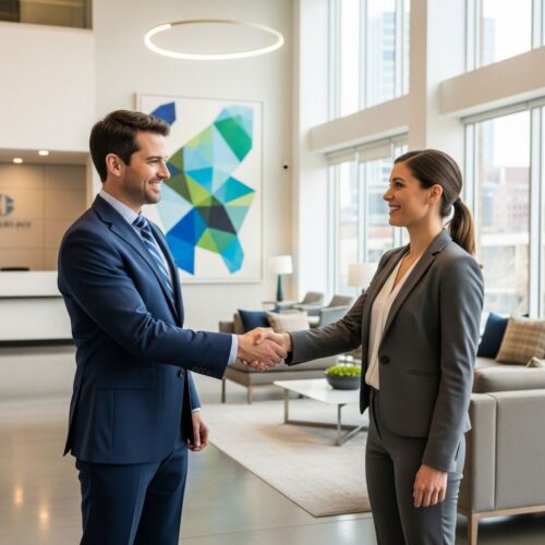 diverse business professionals greet each other with a confident handshake in a modern lobby
