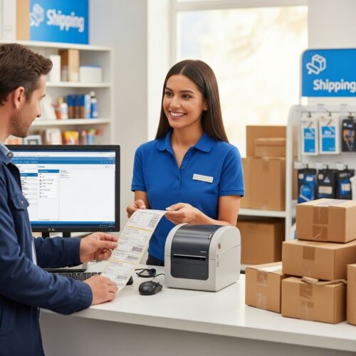 helpful employee assists a customer with preparing a shipping label