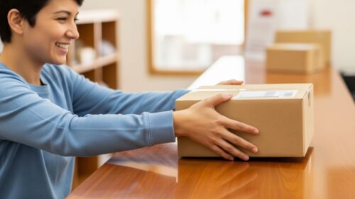 smiling person securely receives a package over the counter at a mail services center
