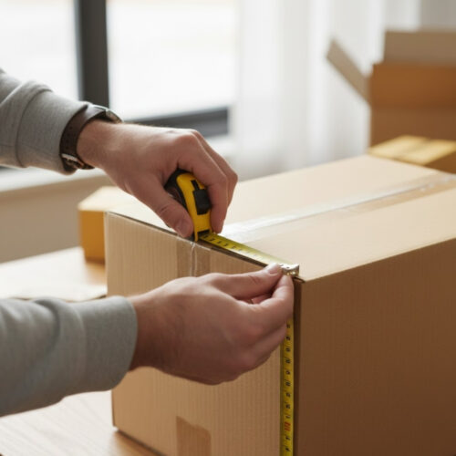 Hands holding a measuring tape against a cardboard shipping box