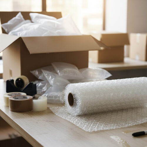 Bubble wrap and air pillows sitting on a packing counter