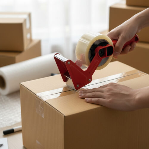 someone's hands taping a carboard package