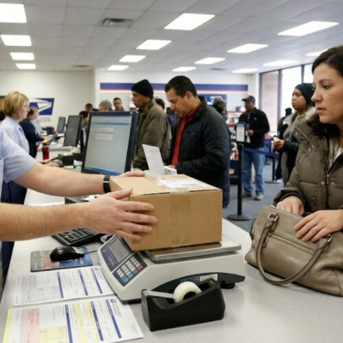 a postal worker weighing a package for a customer