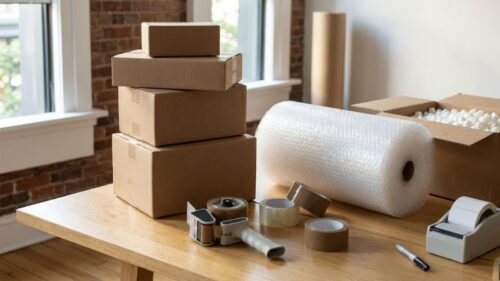 packing supplies including boxes and tape on a table