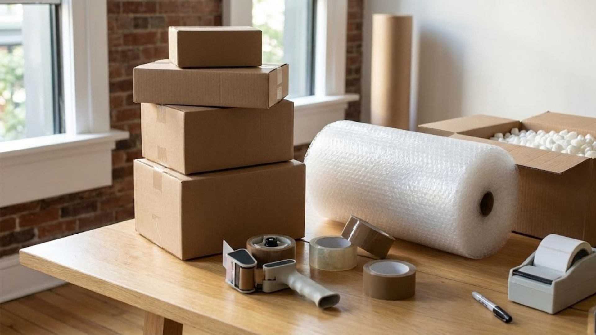 packing supplies including boxes and tape on a table