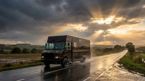 Delivery truck driving on wet asphalt road