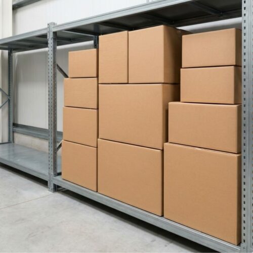 A stack of secure, neatly piled cardboard boxes in a well-lit indoor environment.