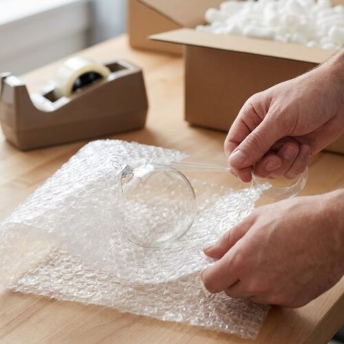 A close-up of hands wrapping a delicate object in protective bubble wrap for shipping.