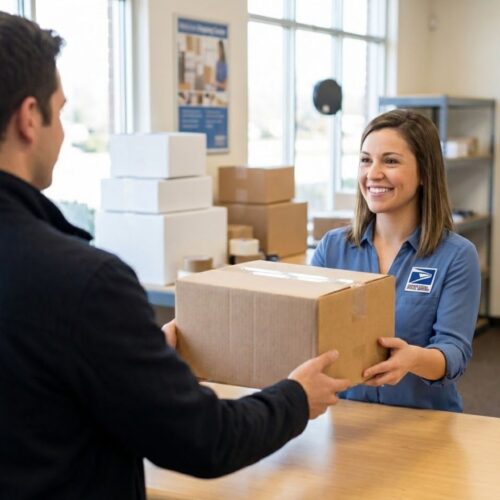 A person at a professional service counter handing a package to a clerk for shipping.