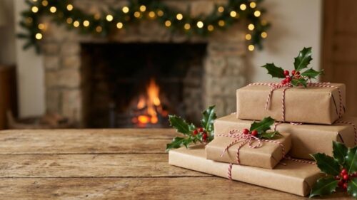 A stack of brown holiday packages tied with red twine on a rustic wooden table with festive lighting.