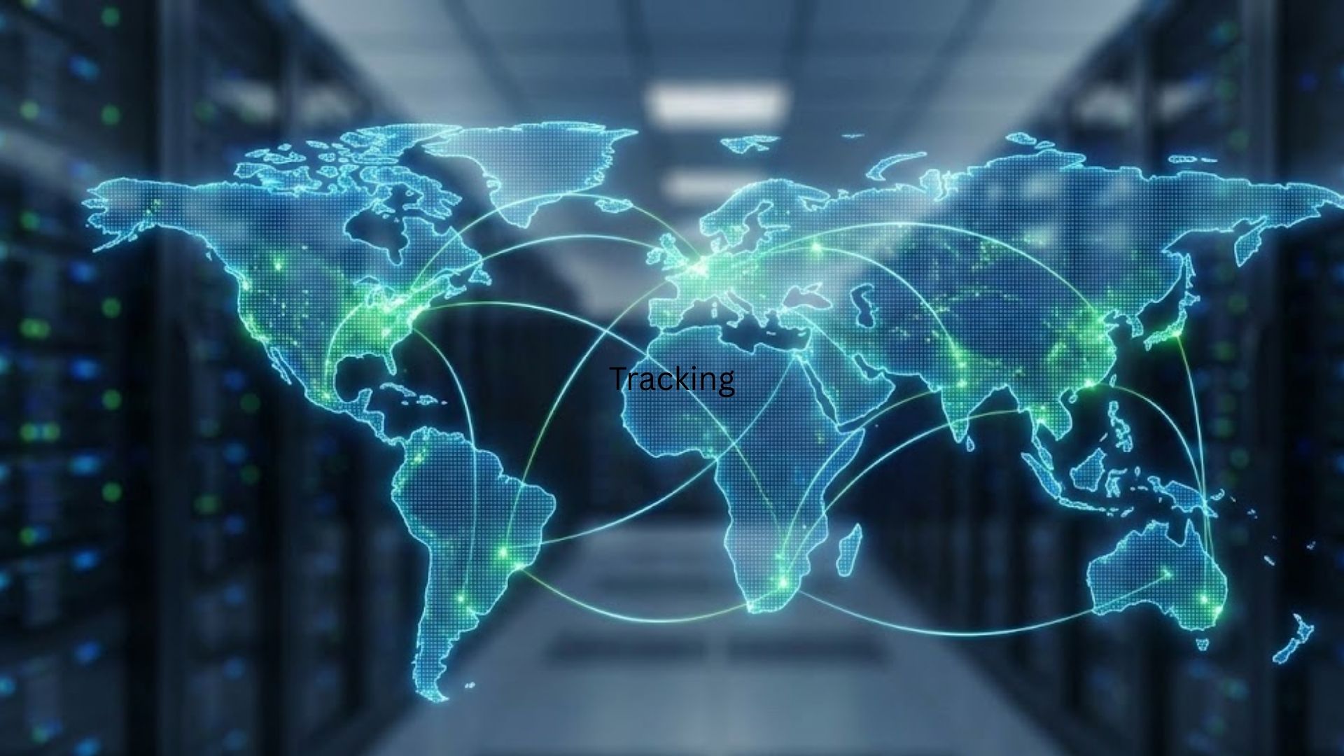 Digital logistics map showing global shipping routes and package tracking icons.