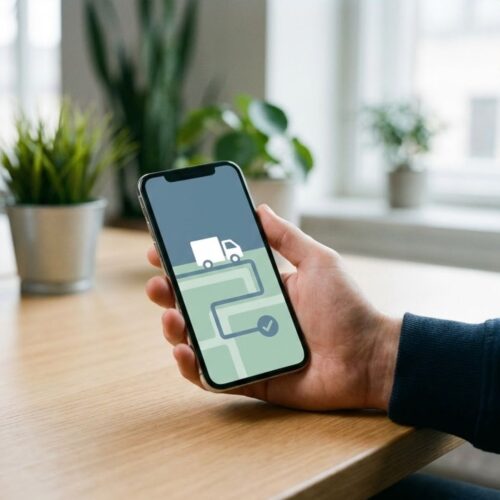 Smartphone on a desk displaying a delivery notification with a GPS map.
