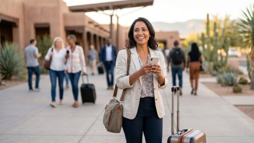 woman on phone with luggage