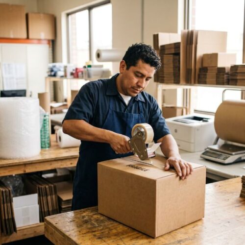 man taping package