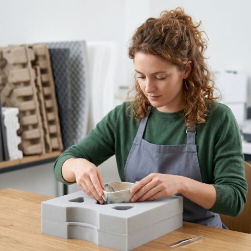 woman packaging cup